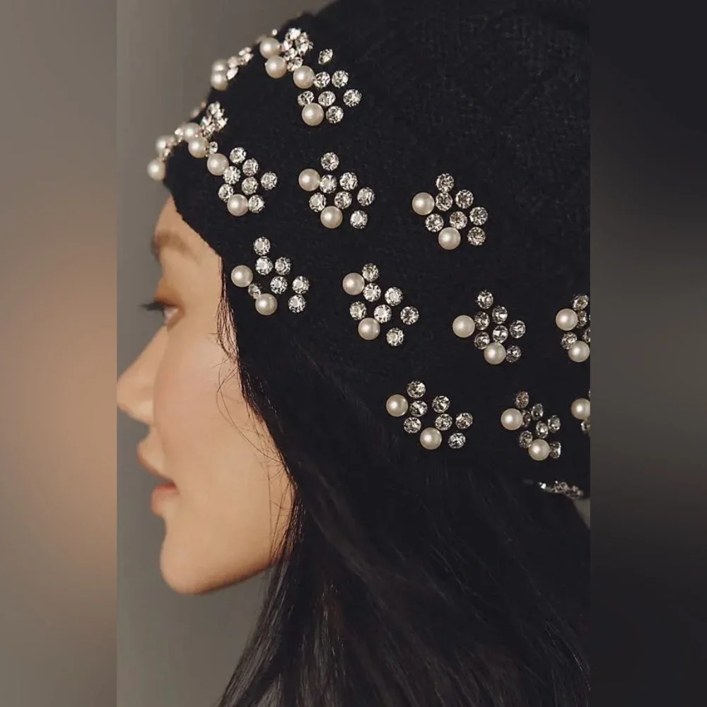 Anthropologie Maeve Checkered Crystal and Pearl Beanie - Black NWT